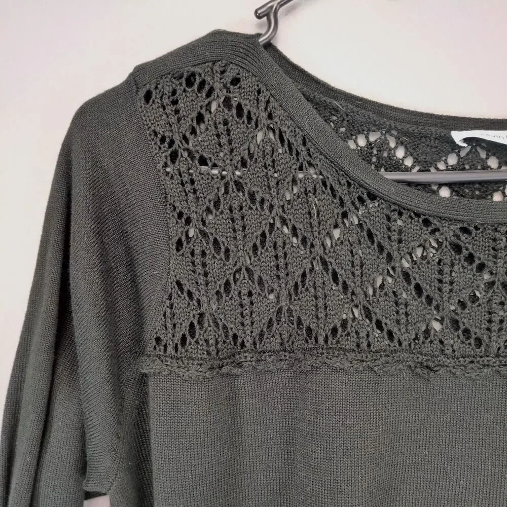 Calvin Klein Women's XL Black Knit Crochet Detail Dress, Long Sleeve, Whimsigoth